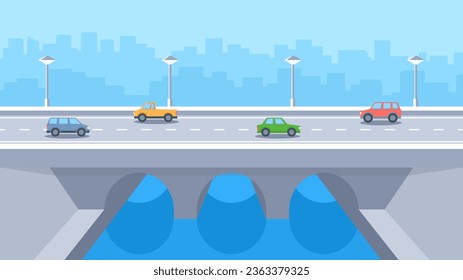 Сars drive along a bridge over the river in a simple flat carton style.