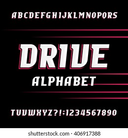 Drive alphabet font. Oblique letters and numbers. Stock vector typeface for your design.