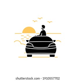 Drive in beach glyph icon.Man sitting inside own new comfort auto,watch sunset.Enjoy landscape concept. Peaceful.Looks on sea, listens seagulls.Filled flat sign.Isolated silhouette vector illustration