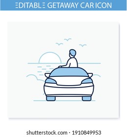 Drive in beach line icon. Man sitting inside own new comfort auto and watch sunset. Enjoy landscape concept. Feel peaceful.Looks on sea, listens seagulls. Isolated vector illustration. Editable stroke