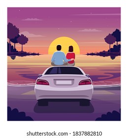 Drive In Beach Semi Flat Vector Illustration. Woman And Man Sit On Car And Watch Sunset. Tropical Paradise For Valentine Day. Couple On Date Night 2D Cartoon Characters For Commercial Use