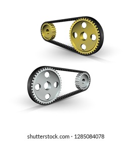 Drive belt on pulleys. Steel gears. Belt drive mechanism. Timing pulley. Industrial background. Vector illustration.