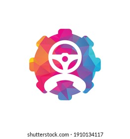 Drive call gear shape concept vector logo design. Steering wheel and phone symbol or icon.