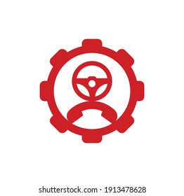 Drive call gear shape concept vector logo design. Steering wheel and phone symbol or icon.