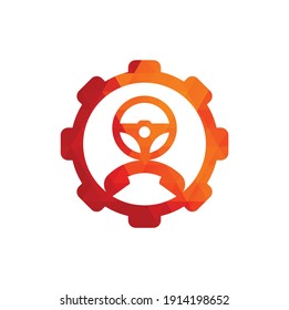 Drive call gear shape concept vector logo design. Steering wheel and phone symbol or icon.