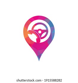 Drive call gps shape concept vector logo design. Steering wheel and phone symbol or icon.	