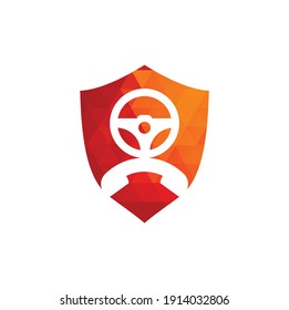 Drive call shield shape concept vector logo design. Steering wheel and phone symbol or icon