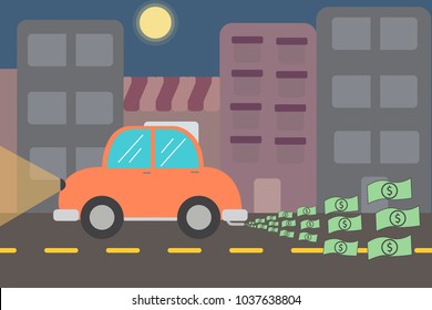 Drive car in city night time vector, lost money background, business concept, vector illustration