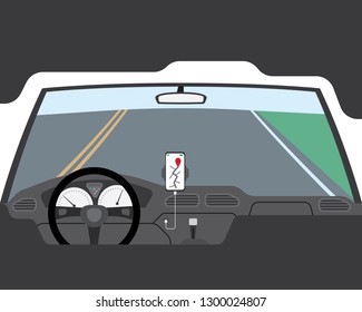 drive car inside view with opening gps