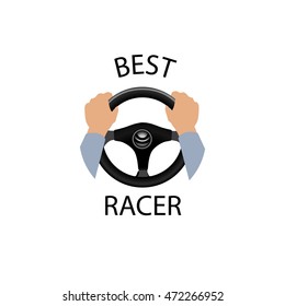 Drive a car sign. Best racer banner. Diver design element with hands holding steering wheel. Vector icon.