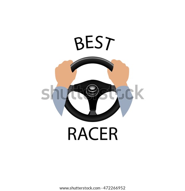 Drive a car sign.\
Best racer banner. Diver design element with hands holding steering\
wheel. Vector icon.