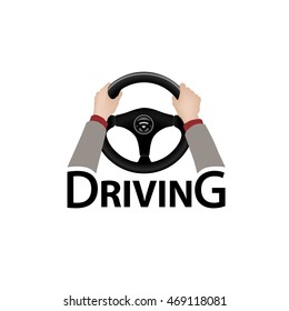 Drive a car sign. Diver design element with hands holding steering wheel. Vector icon.