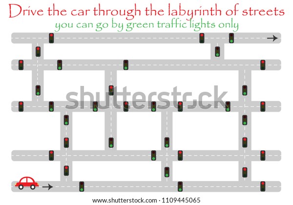 道路の迷路を車で通り抜ける 緑の信号で通り抜ける 子ども向けの楽しい教育ゲーム 子ども向けの幼稚園活動 論理的思考の発展に向けた迷路の作業 ベクター イラスト のベクター画像素材 ロイヤリティフリー