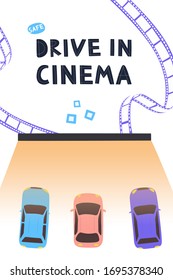 Drive in cinema with automobiles stand in open air parking. Large outdoor screen with movie scene glowing in darkness on white background. Flat vector illustration