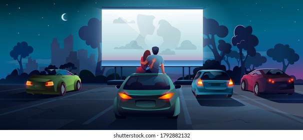 Drive cinema or car movie theater, auto theatre, vector cartoon outdoor screen background. Car cinema or drive movie in open air, boy and girl couple embrace, sit and watch romantic movie on car roof