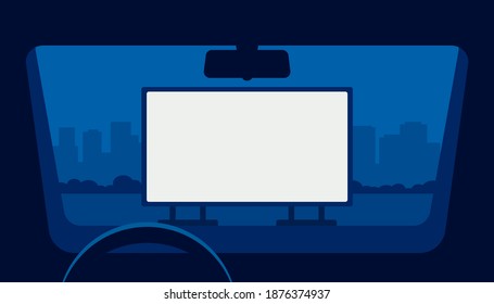 Drive cinema, car movie theater, auto theatre. View from window car in open air parking at night. Outdoor screen with movie scene. Car cinema or drive movie in open air. Vector illustration