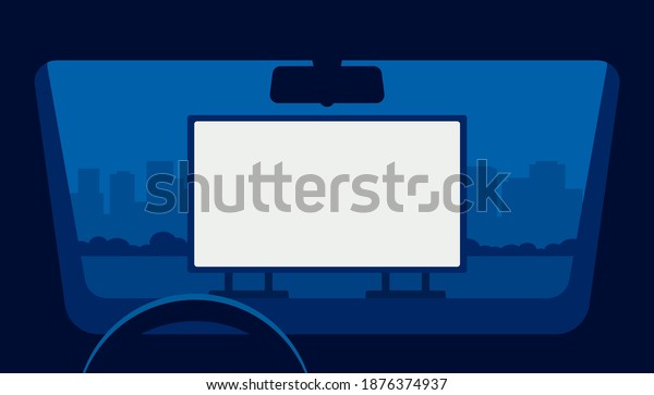 Drive cinema, car movie theater, auto\
theatre. View from window car in open air parking at night. Outdoor\
screen with movie scene. Car cinema or drive movie in open air.\
Vector illustration