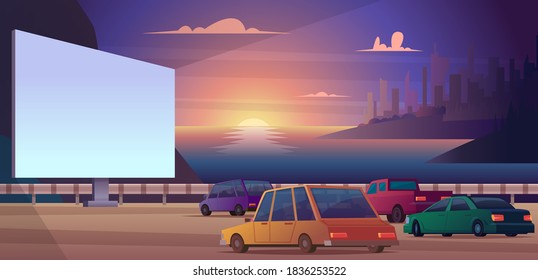 Drive Cinema. Outdoor Park Open Space For Cars People Watching Movie Happy Couples Night Cinema Vector Illustrations