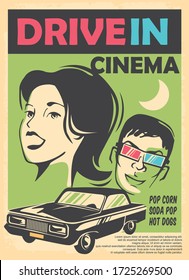 Drive in cinema retro advertisement with car graphics and happy people. Movie theater poster design. Vector life style  arts and entertainment  illustration.