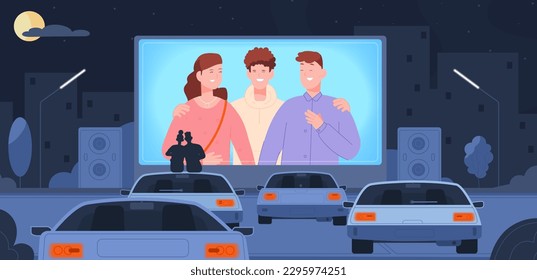 Drive cinema. Romantic couple sitting roof car watching movie big screen outdoor theater in night auto parking space, drive-in evening park landscape splendid vector illustration of cinema car open