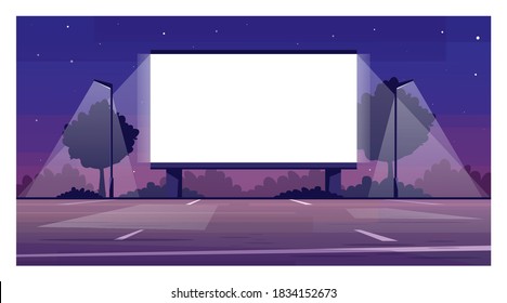 Drive in cinema screen semi flat vector illustration. Empty parking for film premiere outside. Public urban place. Weekend entertainment. Outdoors movie night 2D cartoon scene for commercial use