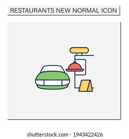 Drive in dining color icon. Food ordering at distance. Regulation through covid19. Restaurants new normal concept. Isolated vector illustration