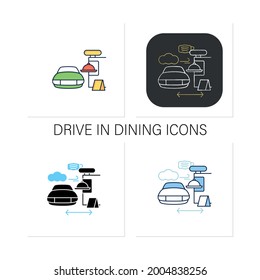 Drive in dining icons set.Food ordering at distance. Regulation through covid19. Restaurants new normal.Collection of icons in linear, filled, color styles.Isolated vector illustrations