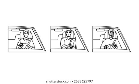 drive driving car man vector. smile young, road safety, trip travel drive driving car man character. people black line pencil drawing illustration