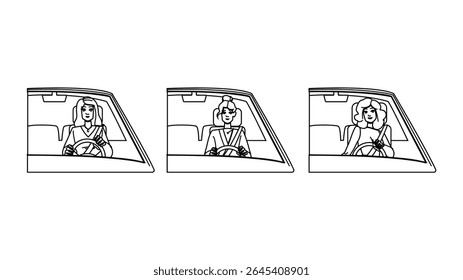 drive driving car woman vector. happy trip, travel road, driver summer drive driving car woman character. people black line pencil drawing illustration