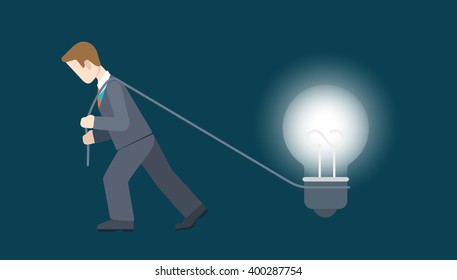 Drive drudge your idea concept. Flat style web vector illustration. Businessman pull strap with lamp light bulb.