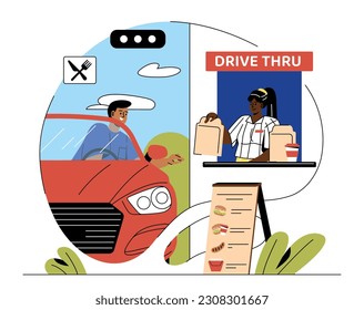 Drive fast food concept. Man in car buys food from young girl with packages. Cafe and catering, small business. Buyer on vehicle at checkout. Burger, soda and sausage. Cartoon flat vector illustration