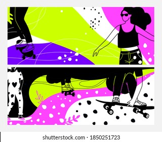 Drive girls. Skateboarding, teenager on longboard neon banners. Decorative blank header template with female sport silhouettes vector set