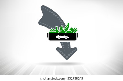 Drive in grocery pick up concept. Illustration of drive-in sign with crate of groceries ready for pick-up
