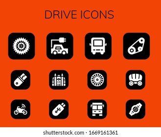 drive icon set. 12 filled drive icons. Included Bicycle, Usb, Motorbike, Electric car, Monaco, Pendrive, Bus, Wheel, Timing belt, Wagon, Belt icons