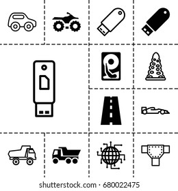 Drive icon. set of 13 filled and outline drive icons such as truck, road, hard disc, cpu planet, tunnel, toy car, sport car