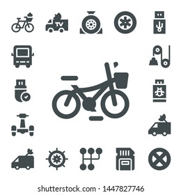 drive icon set. 17 filled drive icons.  Collection Of - Bicycle, Bus, Pendrive, Scooter, Pulley, Van, Wheel, Gearshift, Wheels, Sd card, Usb
