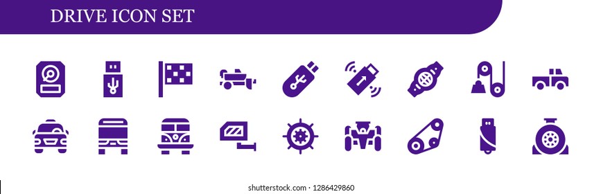  Drive Icon Set. 18 Filled Drive Icons. Simple Modern Icons About  - Hdd, Usb, Finish Flag, Trailer, Pendrive, Belt, Pulley, Truck, Taxi, Bus, Van, Rearview Mirror, Wheel, Race Car