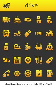 drive icon set. 26 filled drive icons.  Collection Of - Truck, Bicycle, Electric car, Van, Pendrive, Bus, Usb, Seat belt, Quad, Steering wheel, Wheel, Motorway, Timing belt, Data storage