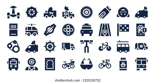 drive icon set. 32 filled drive icons. on blue background style Simple modern icons about  - Scooter, Memory card, Timing belt, Bus, Wheel, Electric car, Van, Mind control, Belt