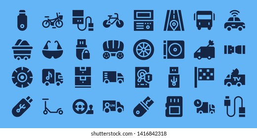 drive icon set. 32 filled drive icons. on blue background style Simple modern icons about  - Pendrive, Wagon, Wheel, Bicycle, Truck, Scooter, Hard drive, Data storage, Steering wheel