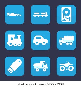 drive icon. Set of 9 drive filled icons such as truck with luggage, toy car, train toy, truck, flash drive, sport car, hard disc