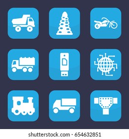 Drive icon. set of 9 filled drive icons such as tunnel, road, train toy, toy car, truck, motorcycle, cpu planet