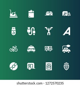 drive icon set. Collection of 16 filled drive icons included Monaco, Hard disk, Trailer, Disc, Electric car, Taxi, Bicycle, Adrive, Handlebar, Usb, Pendrive, Truck, Harddrive