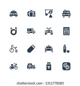 drive icon set. Collection of 16 filled drive icons included Safecopy backup, Pendrive, Truck, Bicycle, Usb, Taxi, Hard disk, Quad, Pulley, Data storage