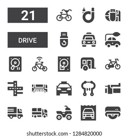 drive icon set. Collection of 21 filled drive icons included Drive, Amphibious car, Quad, Truck, Brake, Taxi, Bus, Street, Bicycle, Trailer, Hard disc, Hard drive, Electric car