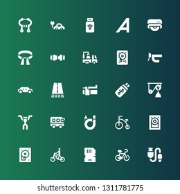 drive icon set. Collection of 25 filled drive icons included Usb, Bicycle, Memory card, Hard disc, Hard disk, Bus, Handlebar, Pulley, Brake, Road, Limousine, Hard drive, Truck