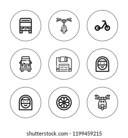 Drive icon set. collection of 9 outline drive icons with arab woman, bicycle, bus, floppy disk, scooter, wheel icons. editable icons.