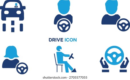 El conjunto de iconos de conducción incluye el coche, el conductor que sostiene el volante, la persona que se sienta en la silla que controla el vehículo y otra persona con las manos en el volante en color azul.