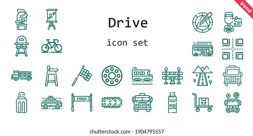 conjunto de iconos de la unidad. estilo de icono de línea. iconos relacionados con la conducción como bus, van, carreras, bicicleta, rueda de rodadura, usb, rueda, camión, taxi, señal, barrera de tráfico, transporte, silla de bebé, conductor, cruce