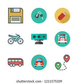 drive icon set. vector set about bus, route, diskette and car icons set.